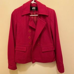 Double-breasted wool pea coat in fuchsia pink